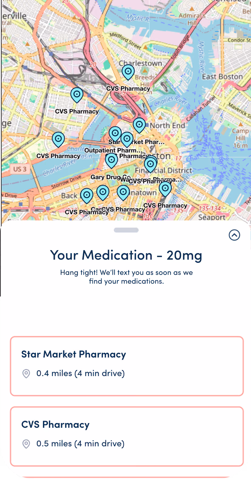 Medfinder search in progress — pharmacies being contacted