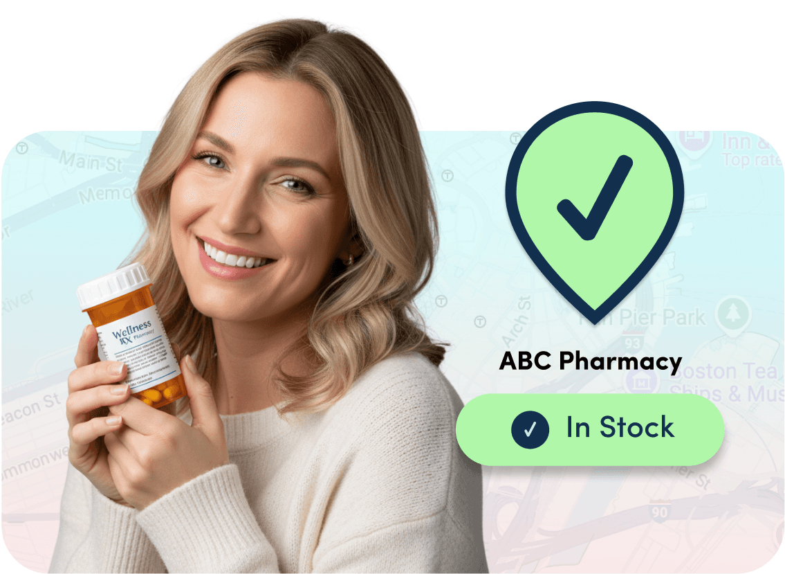 Happy Medfinder patient holding her ADHD medication, found in stock at a nearby pharmacy